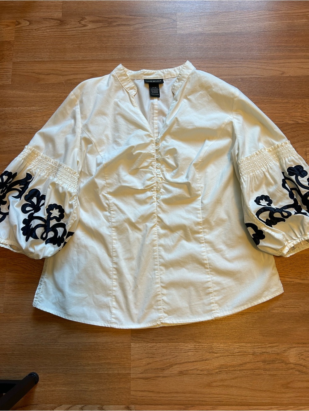 Lane Bryant Cream Blouse with Black Embroidered Puff Sleeves.Size 14/16